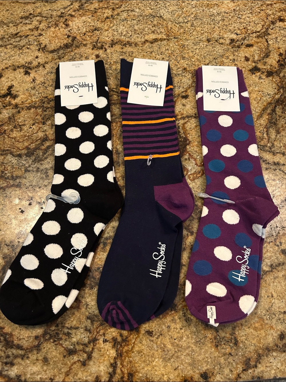 Happy Socks Three-Pack Men’s Crew Socks - Black, Navy, Purple